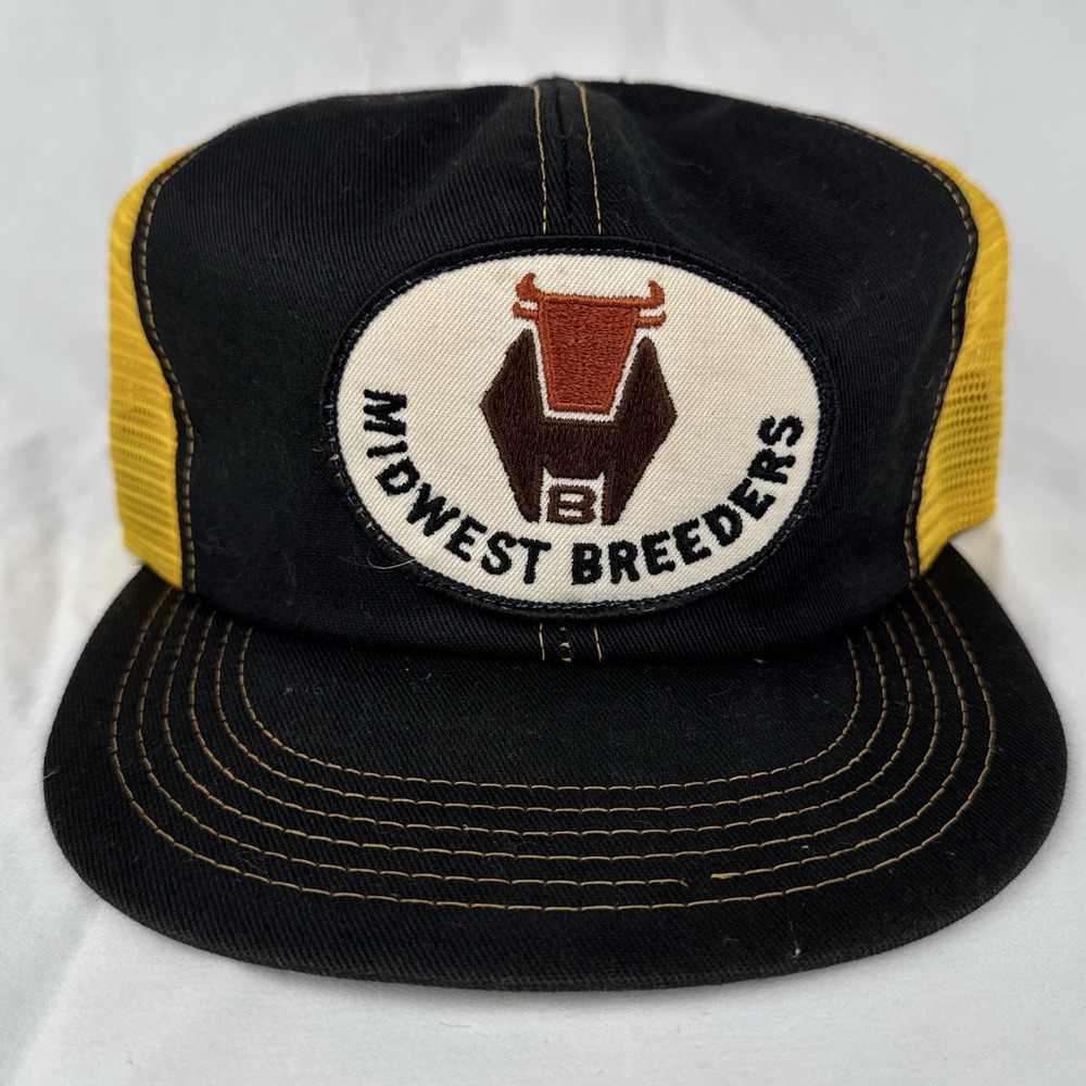 Vintage 80s Midwest Breeders Trucker Hat Farm K-Brand USA Cattle Bull Snapback